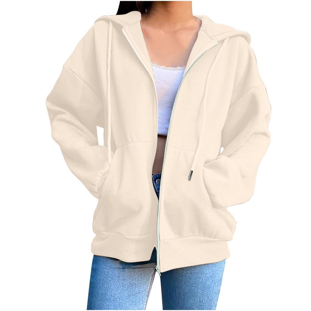 Women's Fashion Casual Solid Color Sweatshirt Autumn/Winter Long Sleeve Pocket Cardigan Jacket Zipper Hoodie Coat
