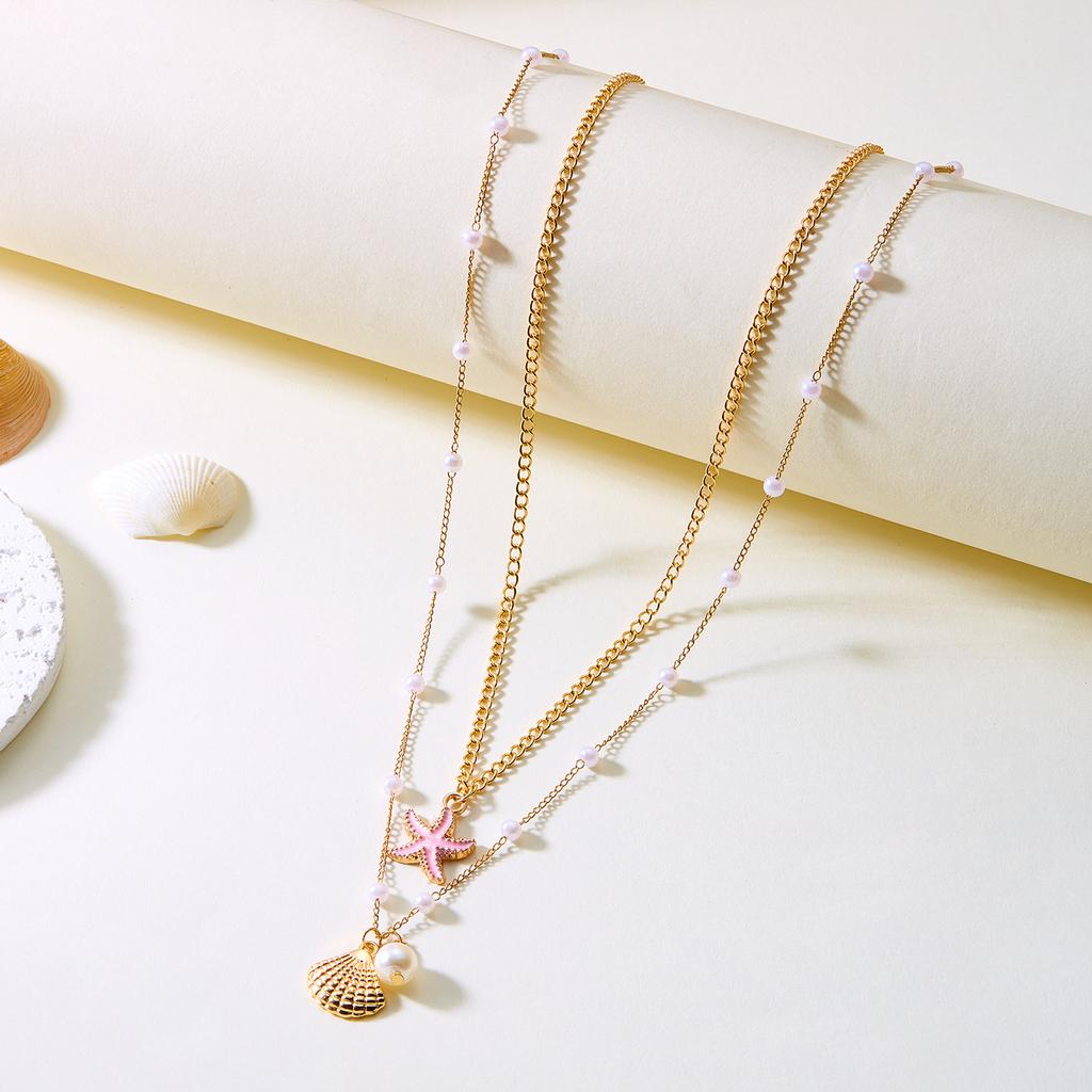 Double Layered Imitation Pearl Starfish Shell Pendant Necklace for Women Ocean Style Summer Beach Jewelry Travel Party Gift