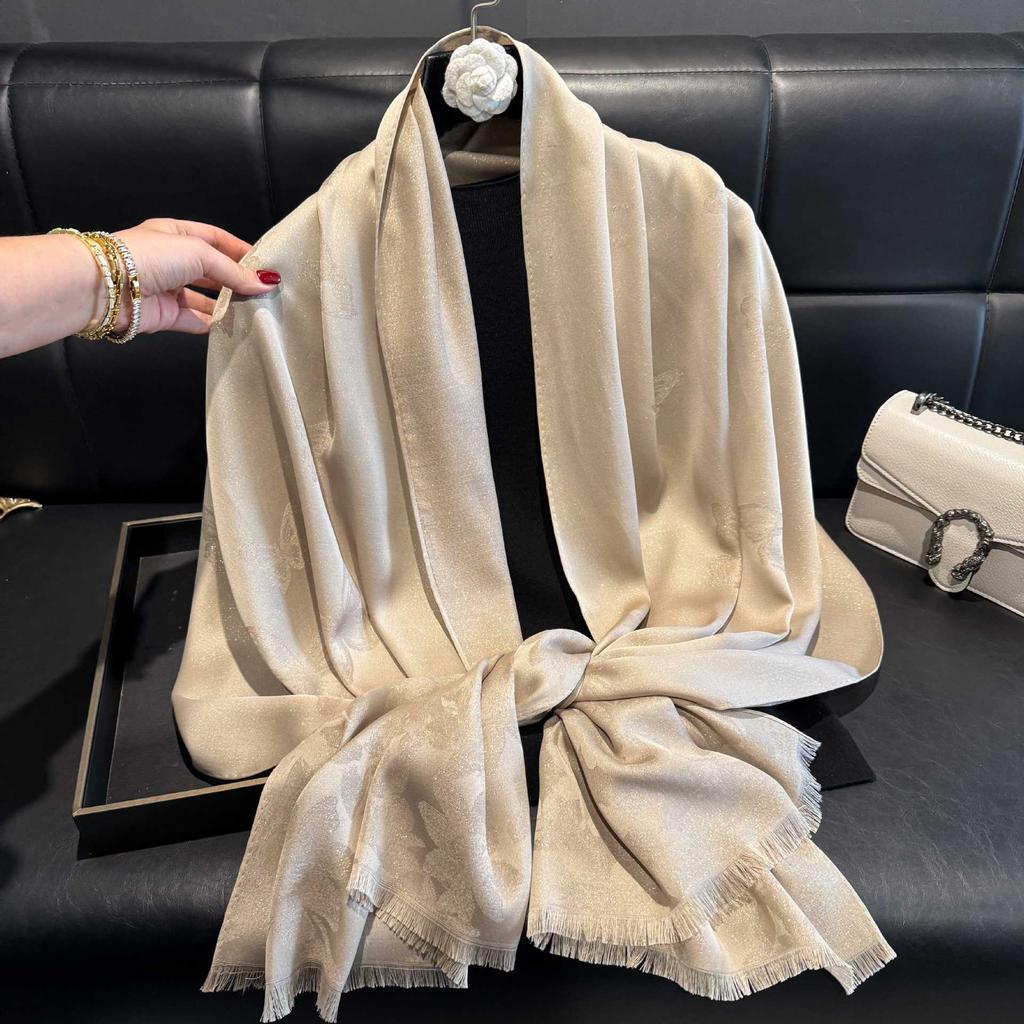 Summer solid color long scarf simulation silk scarf five-pointed star jacquard sunscreen silk scarf beach scarf shawl outside travel women