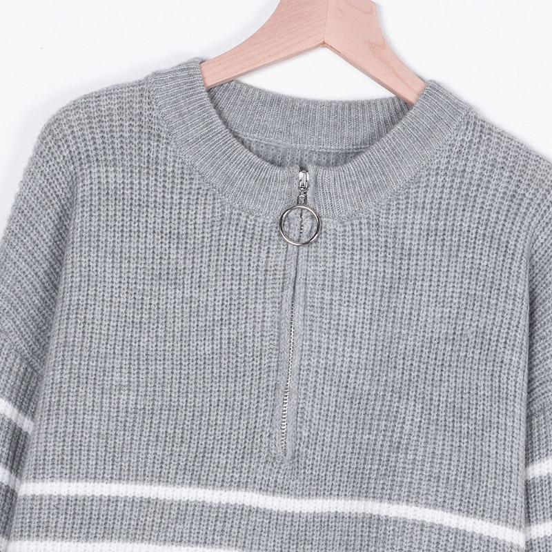Striped Sweater Women Knitted Pullovers Autumn Winter Fashion Zipper Jumpers Long Sleeve Half High Collar Loose Pullover