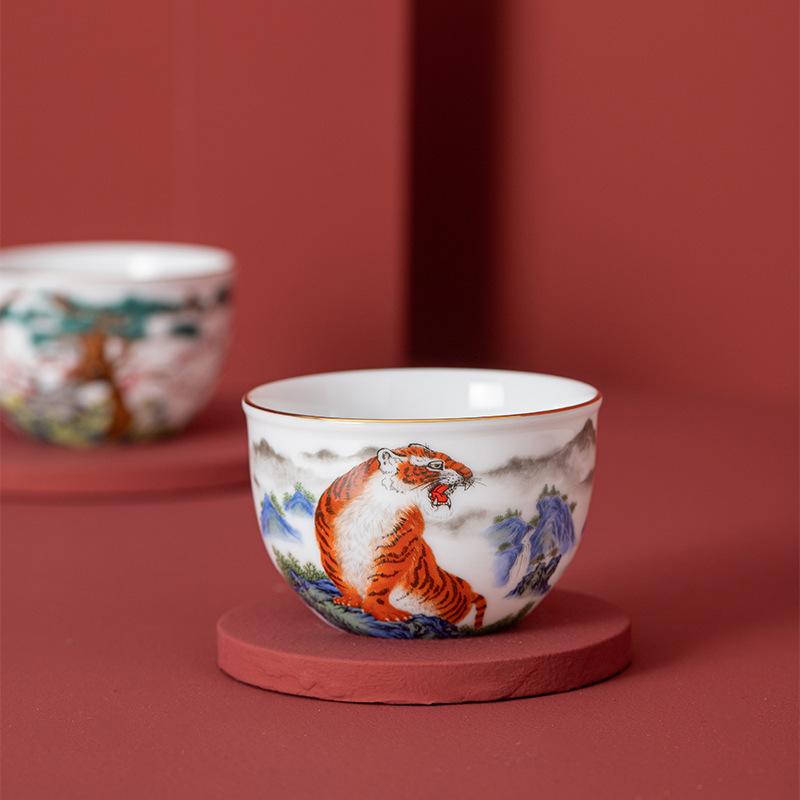 Dehua Yangzhi Jade Cylinder Nine Peach Master Large Alum Red Gold-embellished Chinese Single Cup Retro Style Tea C