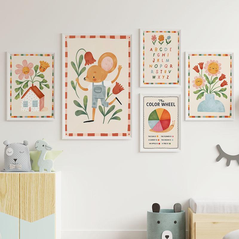 Colorful Bear Rabbit Cat Mouse Flower Leaf Abstract Animal Posters Prints Wall Art Canvas Painting Pictures Baby Kids Room Decor