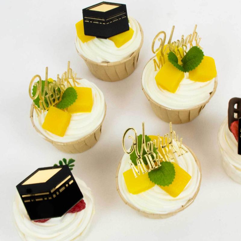 6Pcs/Set Golden Muslim Umrah Mubarak Topper Hajj Mubarak Cake Topper Kit Dessert Cupcakes Decoration Ramadan Decorations
