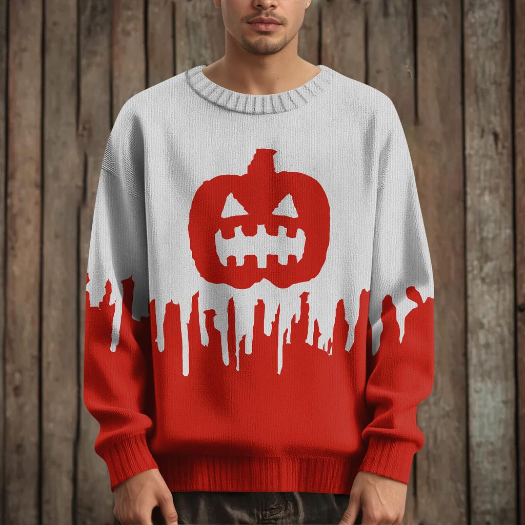 Pánský svetr pulovr s dlouhým rukávem ležérní pletený svetr nadměrné velikosti s halloweenským potiskem