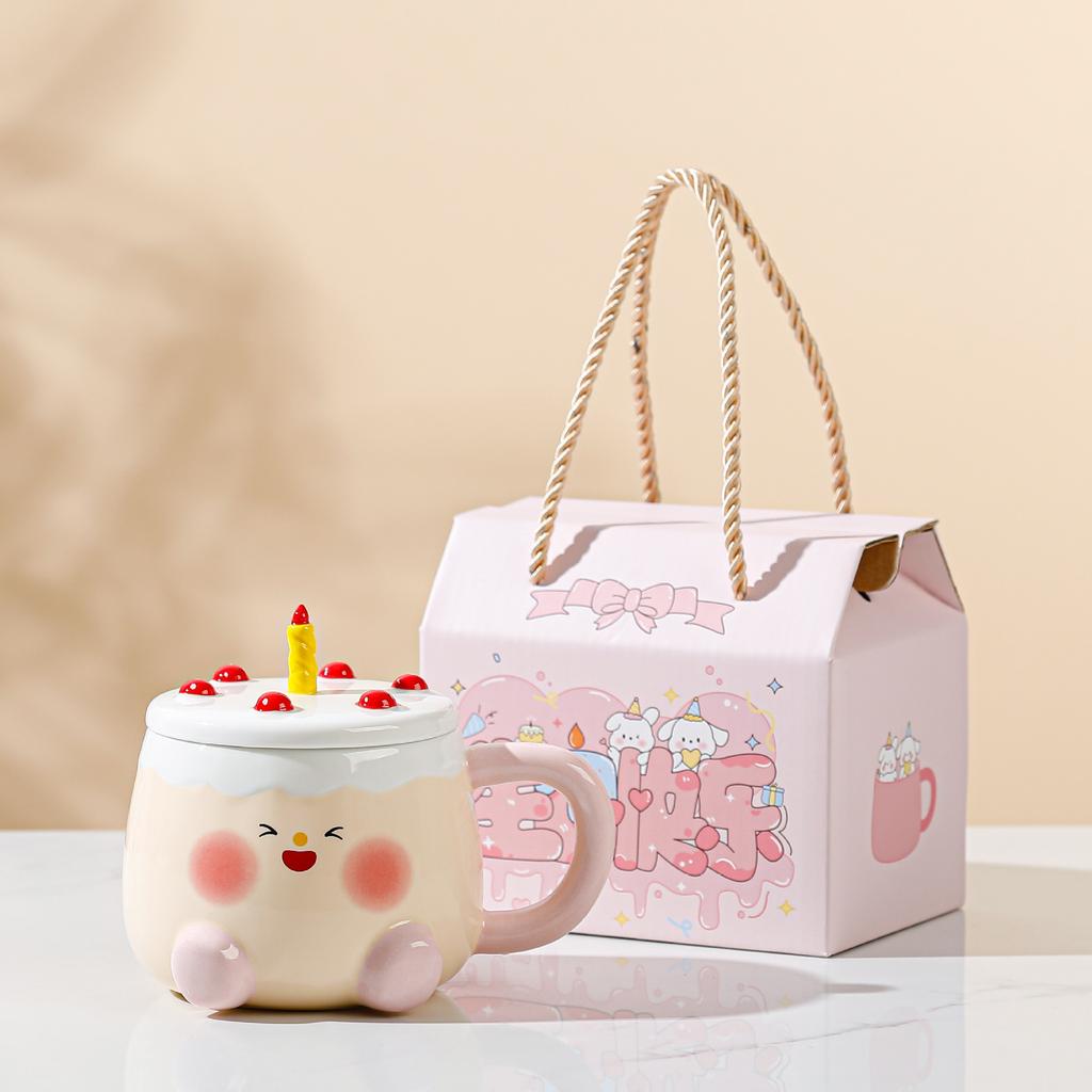 High looking Cake Ceramic Cup for Girls Cute Cartoon Home Set of Mug with Lid Coffee Cup Gift Box