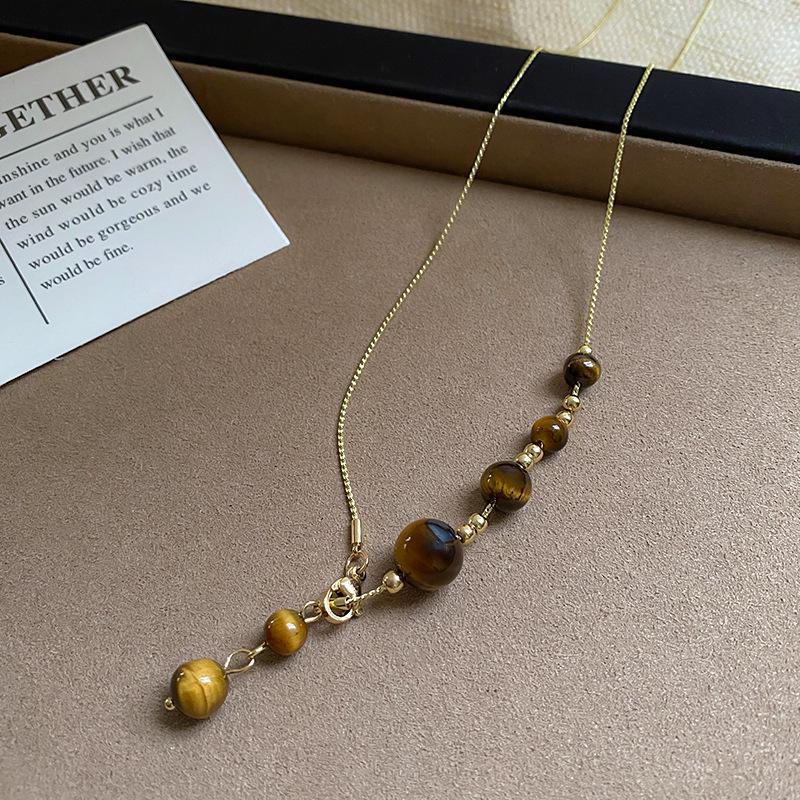 Pearl Tiger Eye Pendant Necklace - Retro Sweater Chain with Simple, Elegant Design for Women