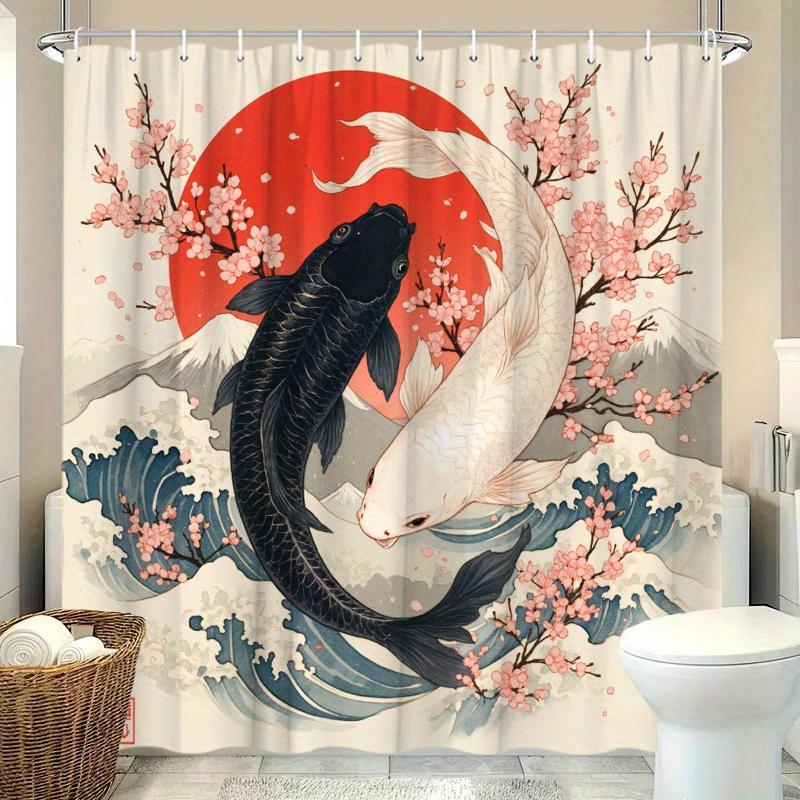 1pc Japanese Ukiyoe Koi Shower Curtain, Cherry Blossom, Red Sun, Snow Mountain Pattern, Easy to Hang, Fashionable Bathroom Dec