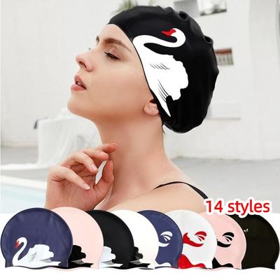 Plus Size Swimming Cap Printed Pattern Anti Slip Diving Hat Silicone Ear Protective Bathing Caps Fit For Long Short Hair