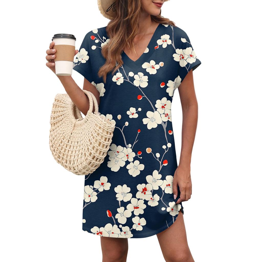 Women's Casual Fashion Sexy V-Neck Cap Sleeves Pocket Floral Dress
