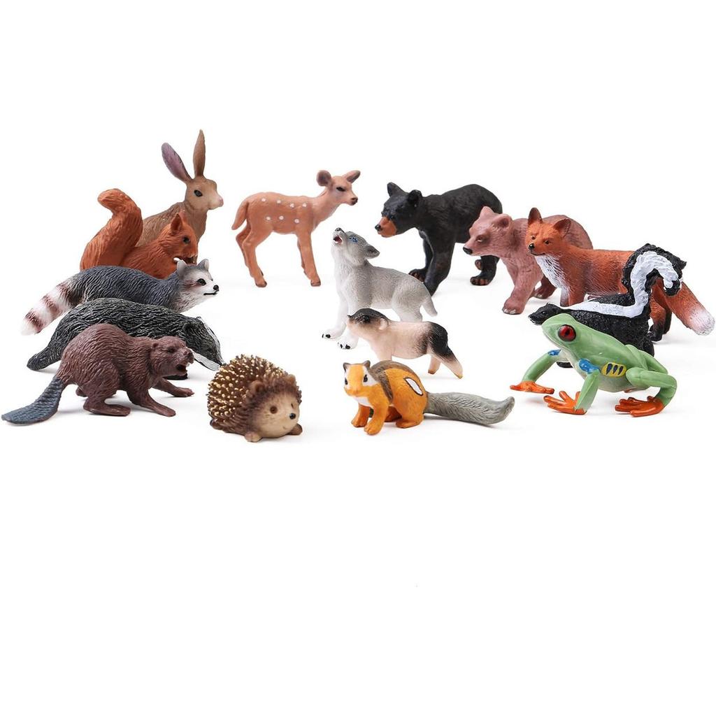 S.Fine Sada figurek lesních zvířat, 16 ks Mini vícebarevné realistické figurky hraček, Vzdělávací herní sada pro děti