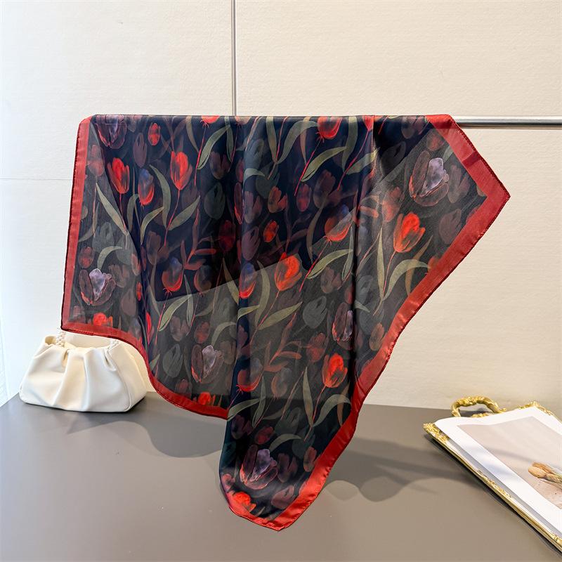 

Luxury Floral Printing 70cm Square Scarves Women s Silk Scarf Spring Summer Bandana Small Neckties Hairbands Bags Foulard Shawl 70x70cm