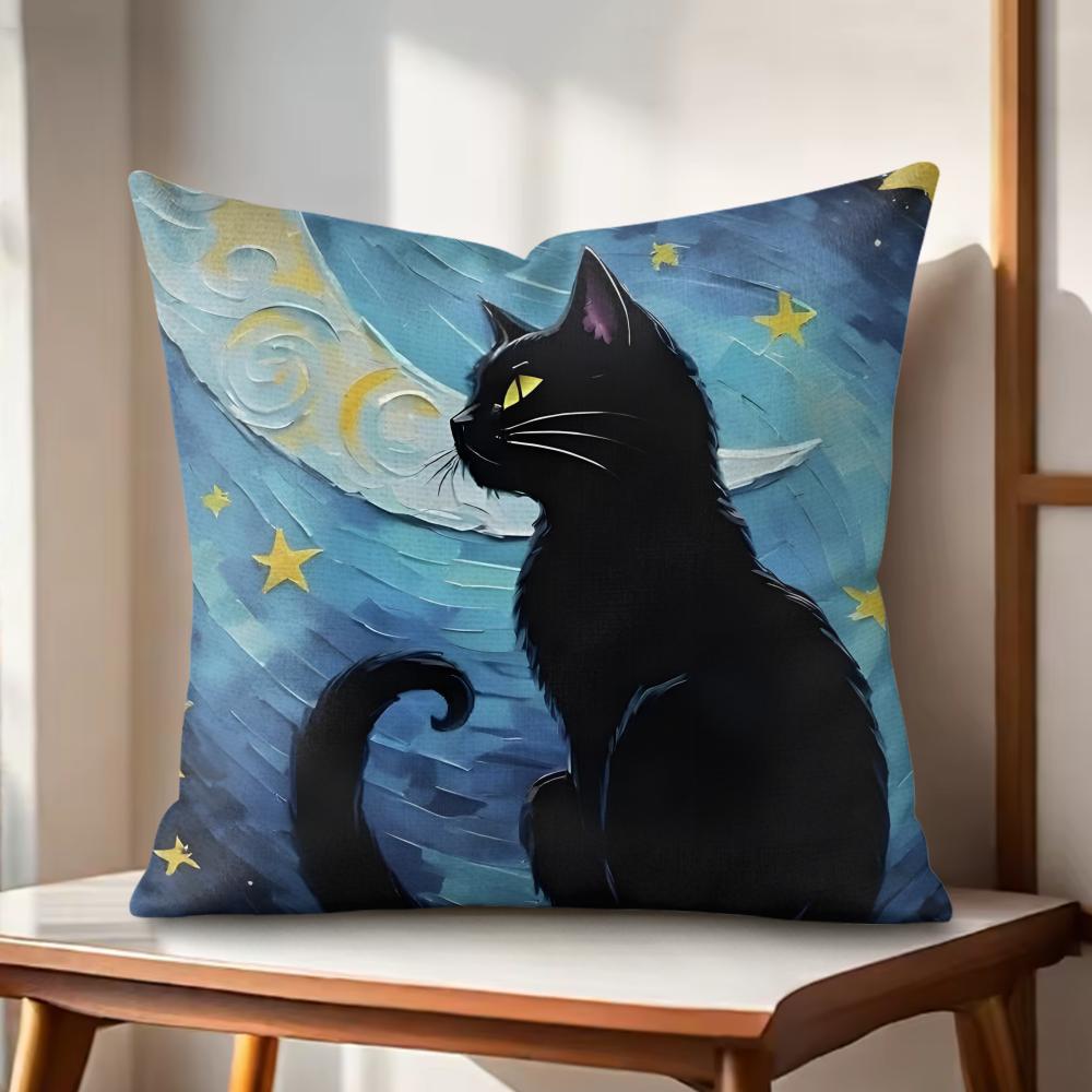 Classic Black Cat Cushion Cover Natural Linen Organic Fabric DoubleSided Printing Couch Pillow Covers Home Decor