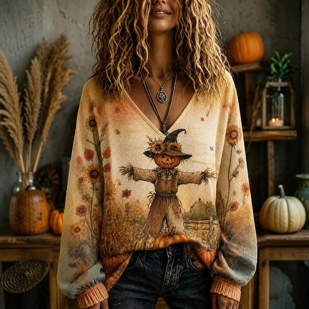Women's V-Neck Top for Halloween and Fall Occasions