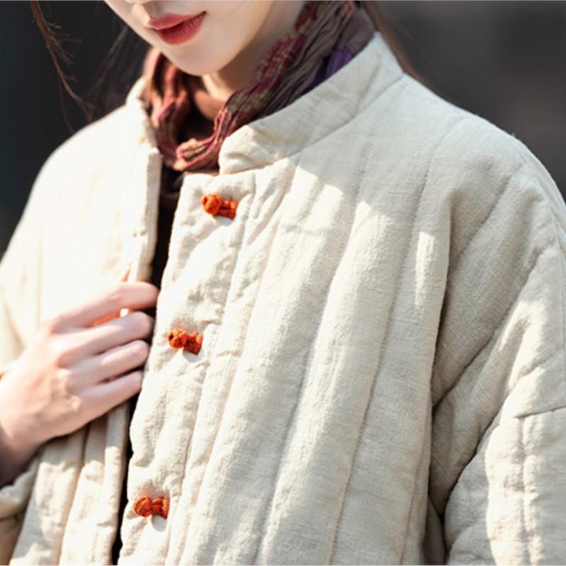 Winter Women's Vintage Linen Parkas Stand Long Sleeve Button Plus Cotton Warm Coat Solid Color Chinese Style Parkas