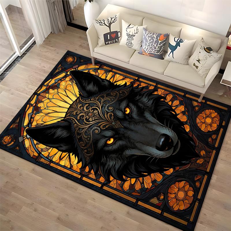 "Black Wolf with Golden Eyes Carpet, Mandala Floral Pattern Design" Suitable for Use As an Anti-slip for Living Room Bedroom Sofas