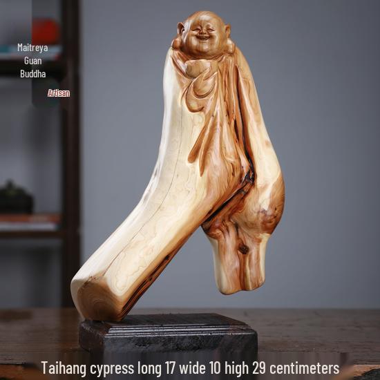 Intaglio Radice di Legno di Cipresso di Scogliera: Ornamento Daruma Maitreya Buddha in Legno Massello in Zafferano Dorato e Legno di Rosa Nanmu.