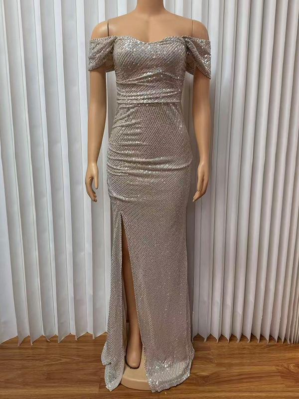 Elegant Sequin Slit One-Shoulder Long Dress - High-End Fashion for Women