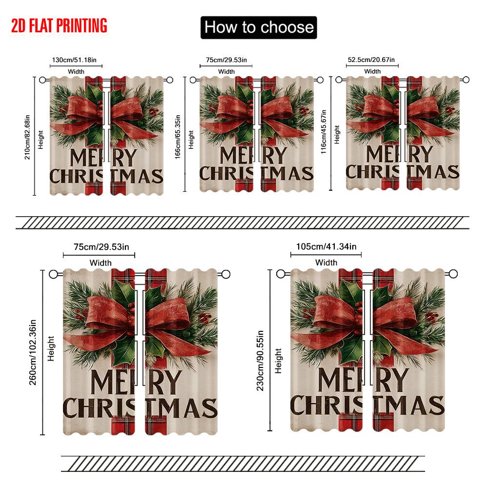 2pcs plane printing Popular Curtains Festive Pine_ Berries & Red Bow 100% Polyester (without rod) Decorations Outdoor for
