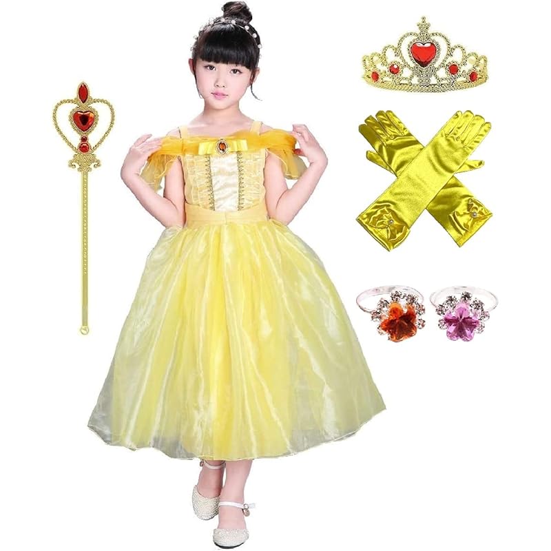 

[Entregando amor e paz] Princess Dress, Yellow, Cosplay Costume (Dress, Gloves, Tiara, and Wand) 4-Piece Set for Girls to Transform into a Princess