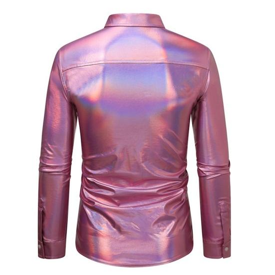 Men Disco Shirt Shiny Golden Sequin Metallic Dress Shirt Lapel Long Sleeve