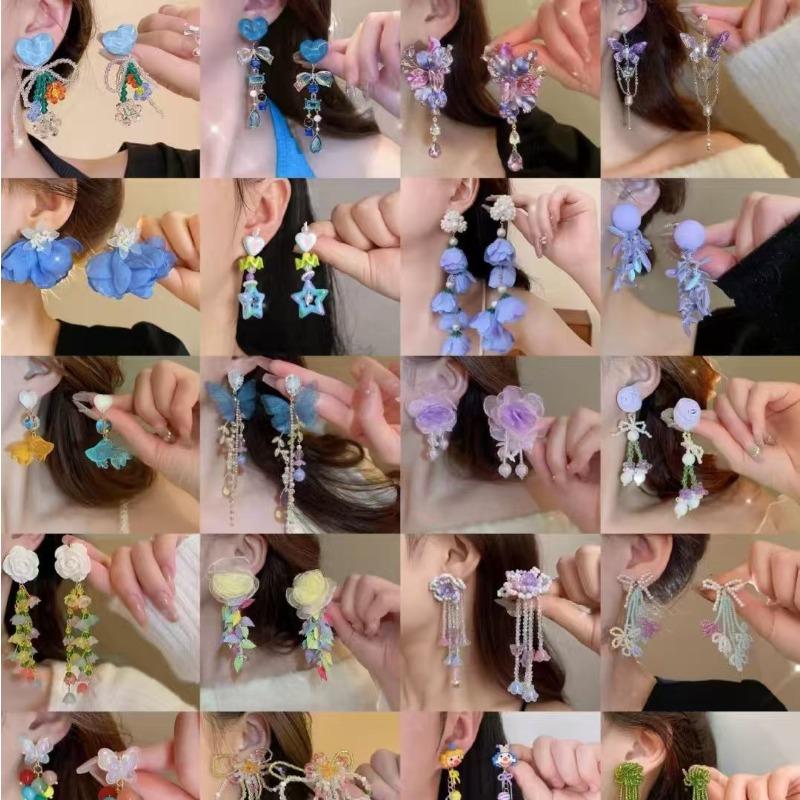 Silver needle chiffon flower fringed stud earrings sweet Mori dopamine earrings niche trend versatile earrings fashion women