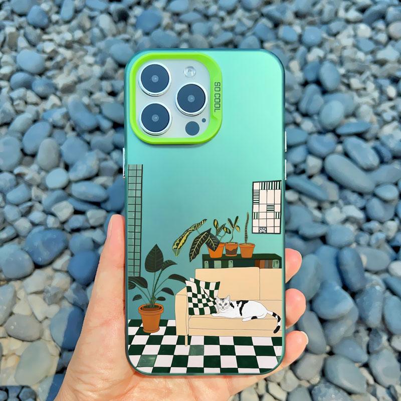

Fresh Green Leaf Painted Phone Case For iPhone 11 12 13 14 15 16 Pro Max Mini Cartoon Home Furnishing Illustration Laser Shells iphone 13Mini
