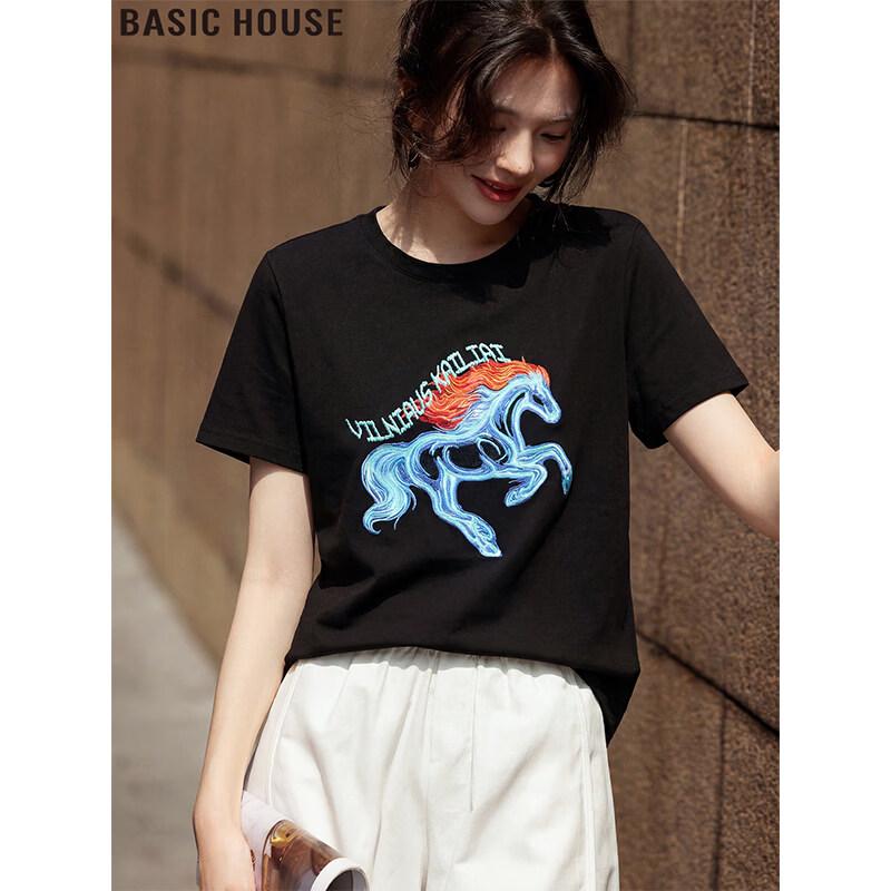 Basic House Women s Black Printed Short Sleeve T-shirt S