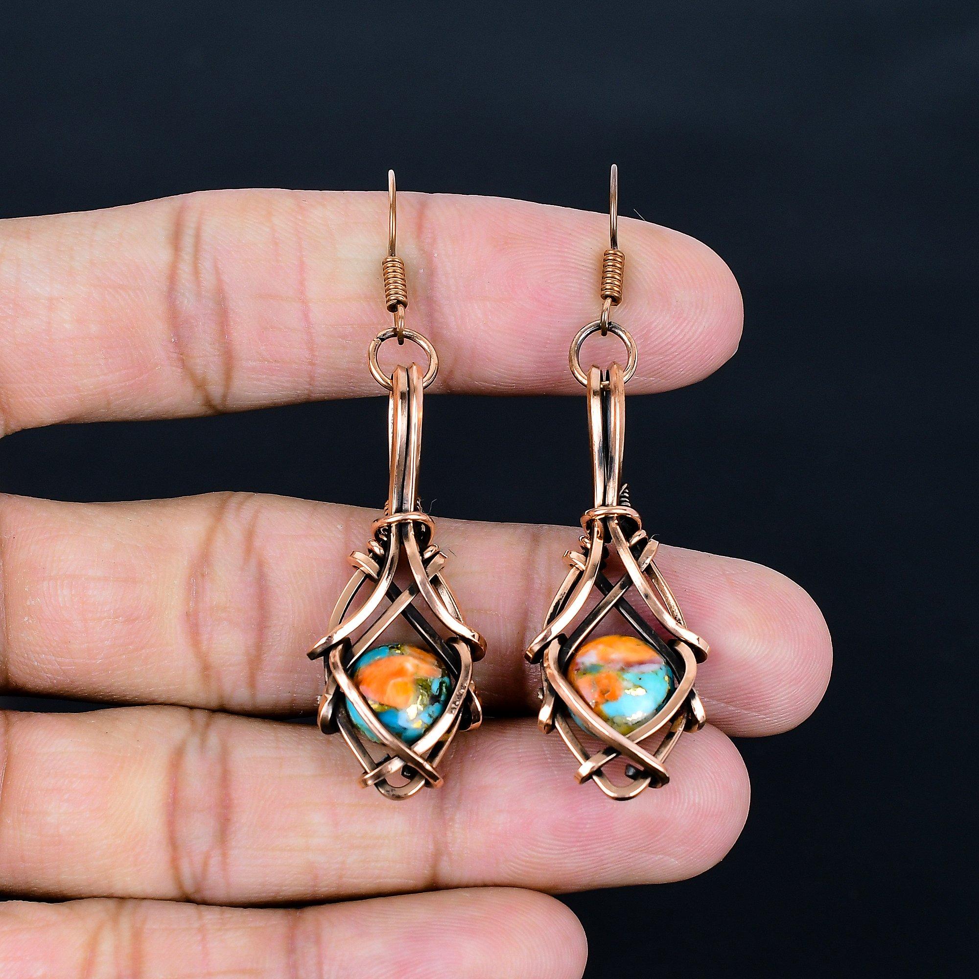

Spiny Oyster 999 Copper Wire Wrapped Earrings, Handmade Gemstone Earrings Jewelry, Gifts For Wife Brand New Earrings 2.55 Inches