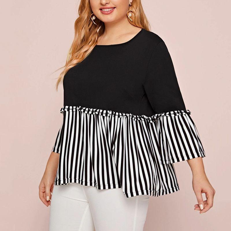 

R l Fashion Пышная девушка плюс размер Полоски Деревянное ухо Свободные топы Рукав-колокол Повседневная футболка 1772n Black 3XL