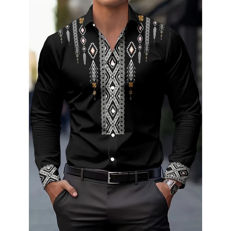Men s Ethnic Print Casual Shirt - Breathable Long Sleeve Button-Up with Geometric Pattern, Regular Fit Machine Washable S