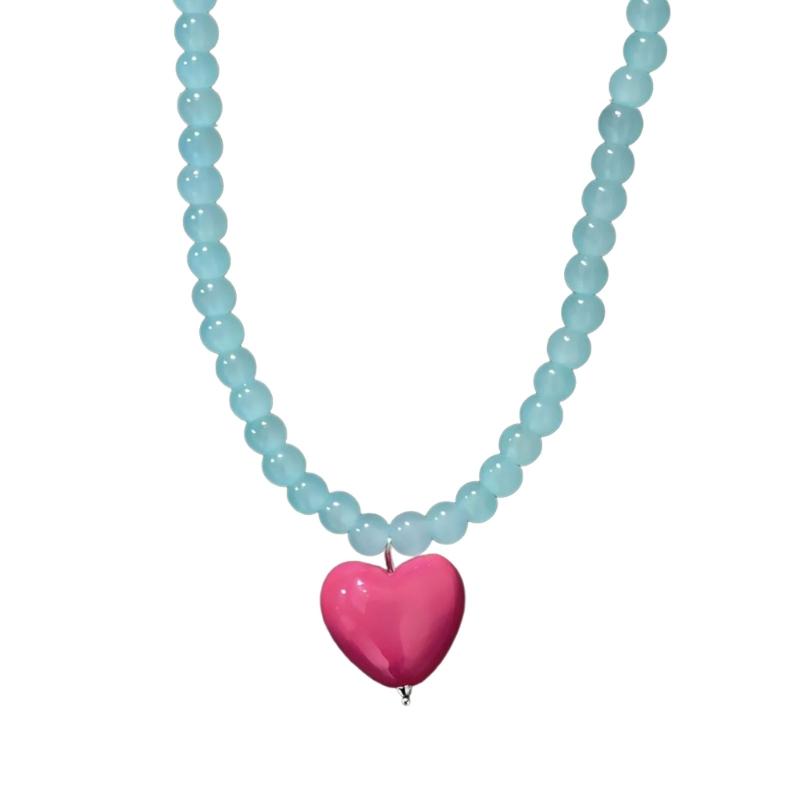 Adorable Heart Shaped Pendant Necklace Beaded Clavicle Chain With 6mm Glass Beads Ideal For Casual Or Party