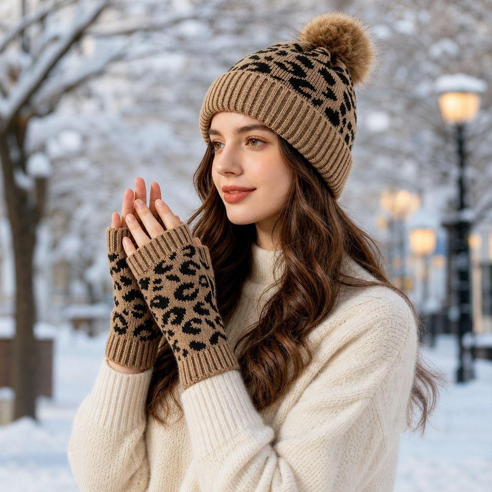 2Pcs/Set Warm Knit Beanie Leopard Knitted Winter Hat New Leopard Print Beanie Everyday Wear