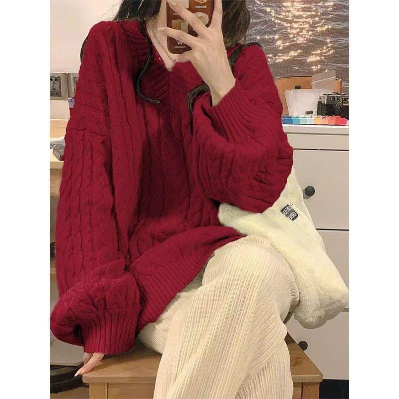 2025 Women's V-Neck Cable Knit Sweater - Autumn/Winter Loose-Fit, Warm, Niche Design