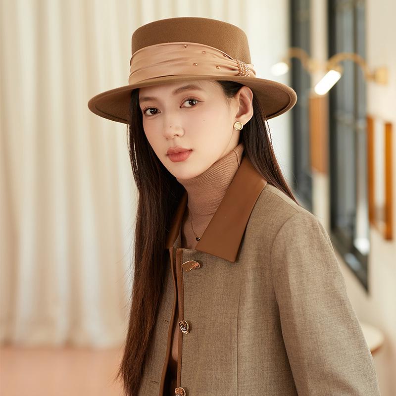 

2024 Женская высококлассная французская ретро шерстяная шляпа-федора с плоской тульей для весны и осени M (56-58cm) верблюд