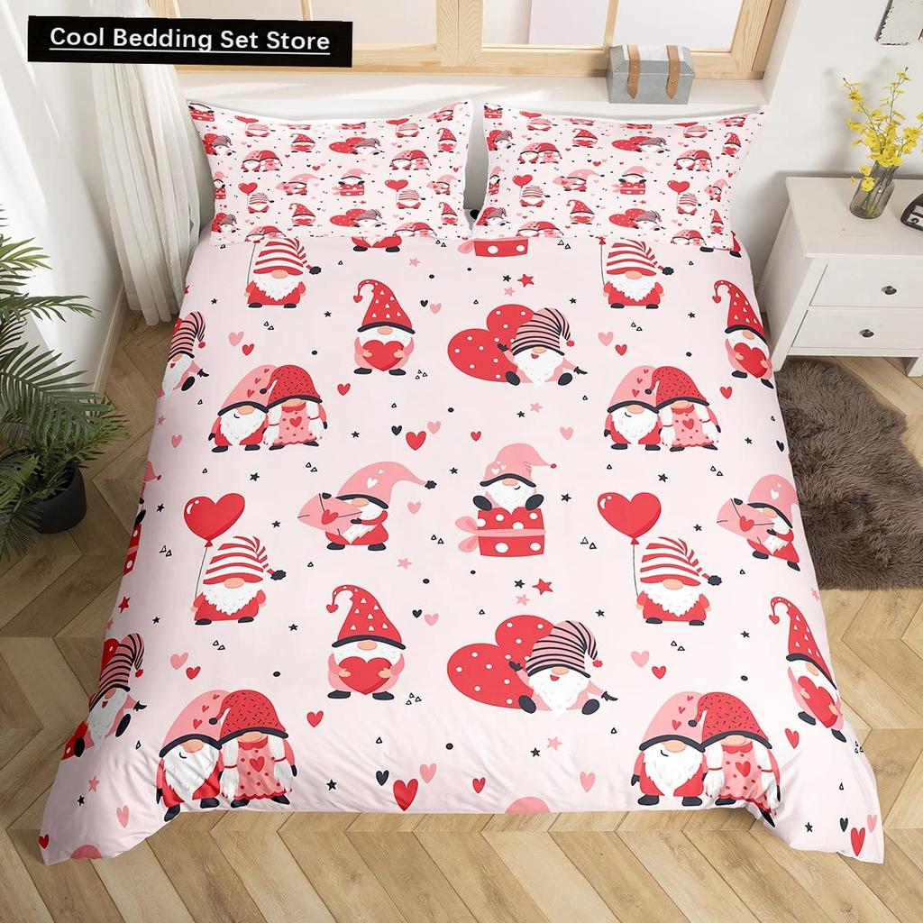 Valentinstag King Bettbezug Romantisches Bettwäsche-Set Kawaii Paar Wichtel Bettdeckenbezug Rosa Rosen Herzen Polyester Steppdeckenbezug