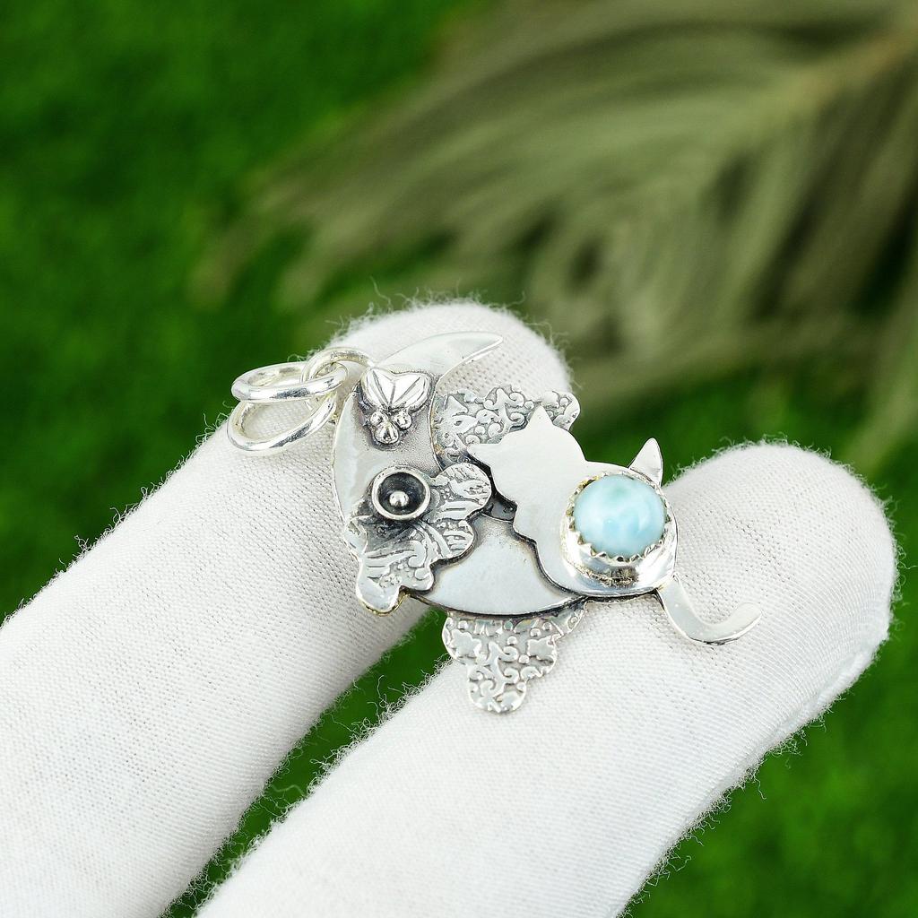 Round Natural Larimar Unique Anniversary New Engagement Pendant Sterling Silver