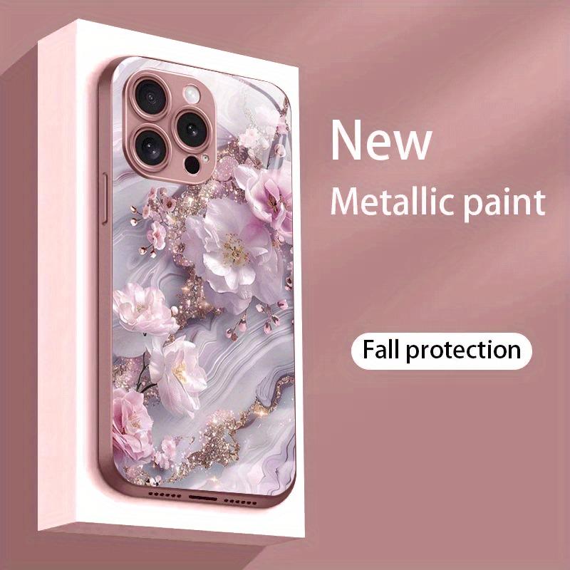 Pink Dream Cherry Blossom Pattern Metallic Paint Glass Phone Case For iPhone 11 12 13 14 15 16 17 Pro Max Plus 17Air 16E Cover