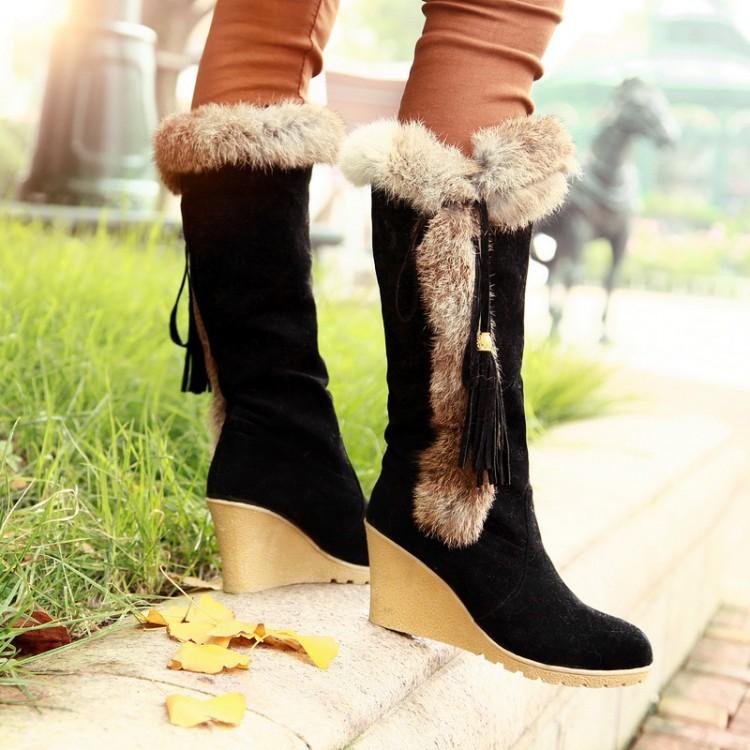 Europe, America autumn and winter fashion new snow boots slope heel medium tube rabbit fur warm boots tide
