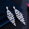 CMM Shiny Silver Color Cubic Zirconia Long Leaf Drop Earrings for Brides