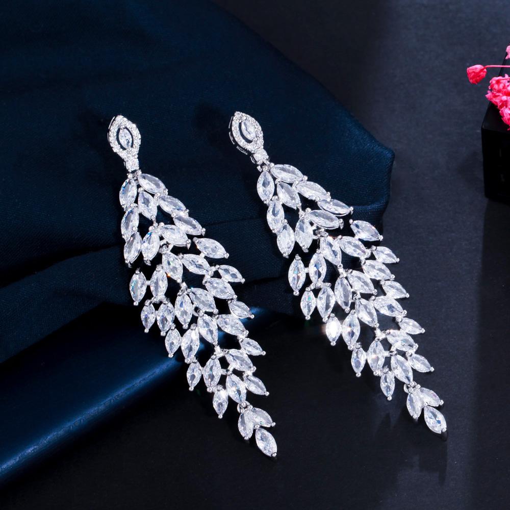CMM Shiny Silver Color Cubic Zirconia Long Leaf Drop Earrings for Brides