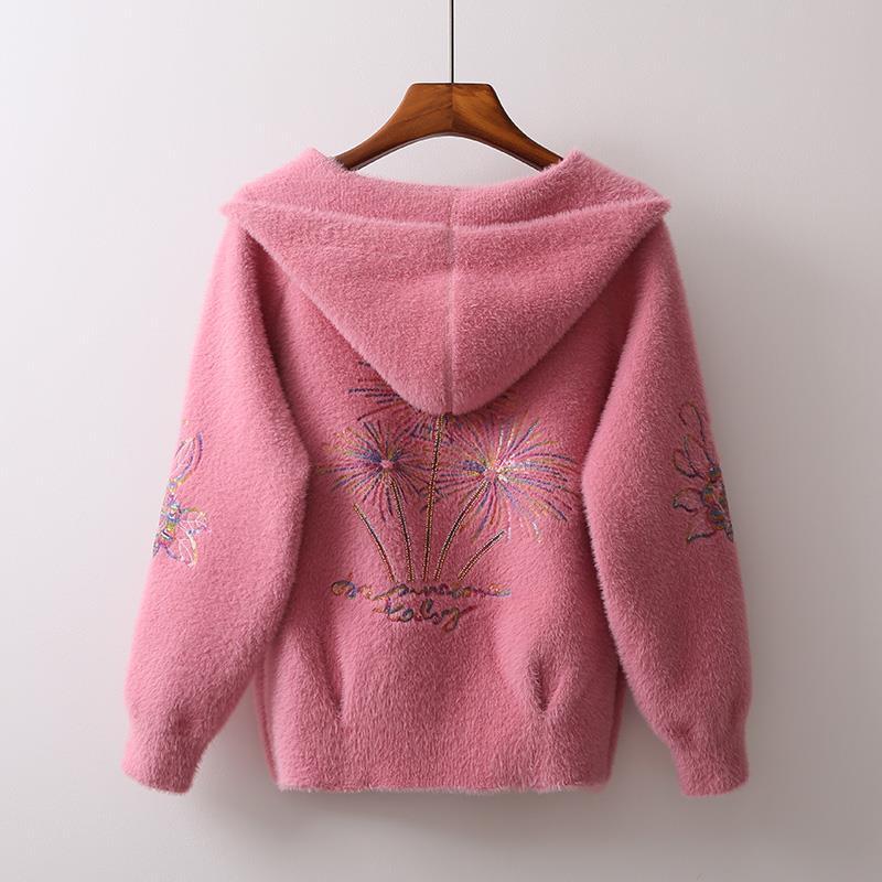 Autumn and Winter Hooded Mink Sweater Coat Female Loose Embroidered Short Thickened Fashion Coat