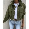 Damen olivgrüne kurze Arbeitsjacke mit Stehkragen und mehreren Taschen