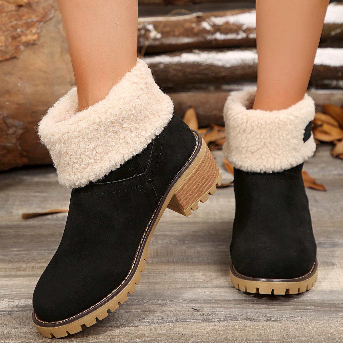 

Wish2025 new 2024 autumn and winter European and American medium tube thick heel turning snow boots 43 yards foreign trade large size cotton boots 43 чорний