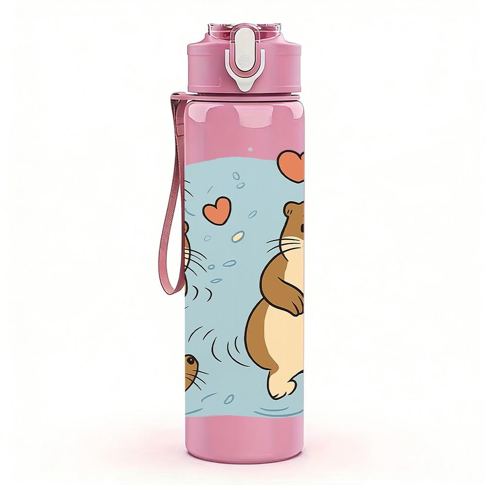 1PC Cute Otter Couple Animal Pattern 750ml Color Plastic Sports Water Bottle Leakproof Flip Straw Lid Suitable for Sports Office Home Use
