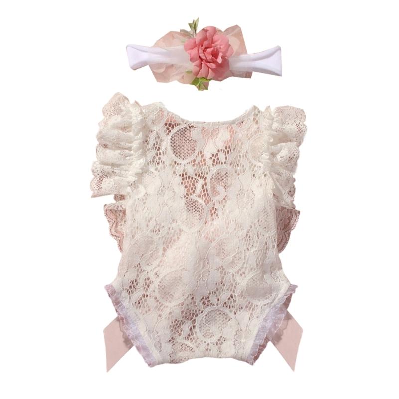 Infant Lace Backless Bodysuit Sleeveless Romper with Bowknot Flower Headband Photo Props for Photoshoots And Parties