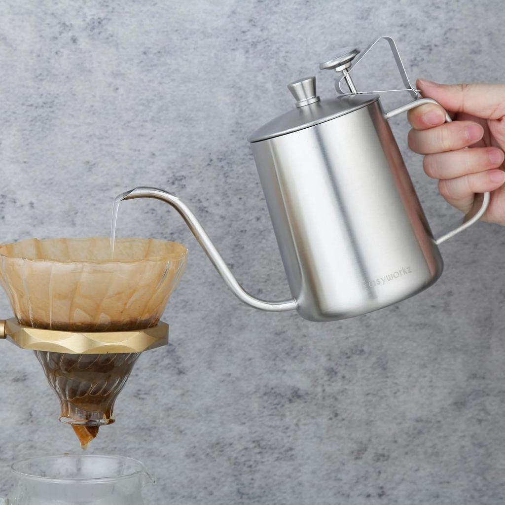 Easyworkz Gooseneck Kettle 600ml with Thermometer Stainless Steel Coffee Pot Hand Drip [Silver]