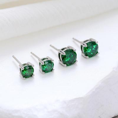 1 Pair Simple Green Round Zircon 925 Silver Stud Earrings For Women