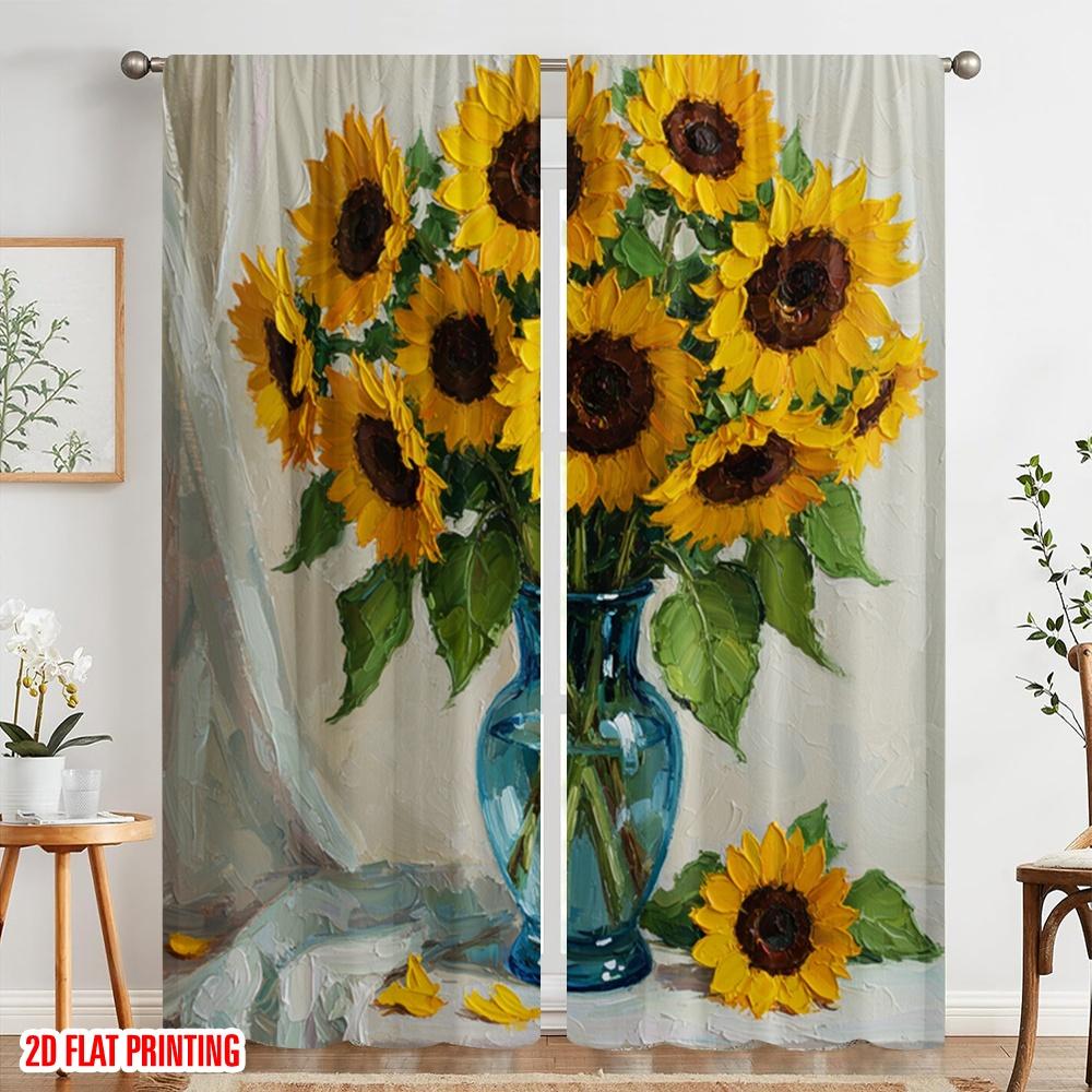 2pcs 2D Flat Printing Curtains Sunflowers Vase Fruit Painting Fabric Without Electricity Birthday Party Use for New Year and