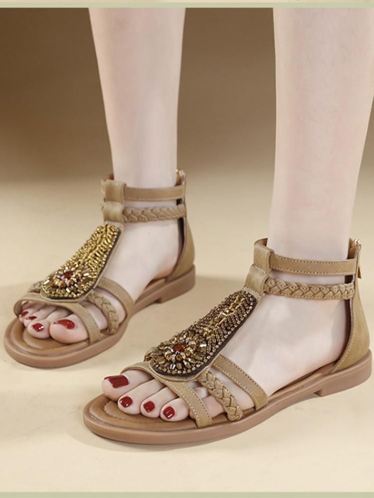 New 2025 Summer Sandals Boho Retro Beaded Zipper Rhinestones Roman Flat Sandals Comfortable Ethnic Style Fashionable Casual