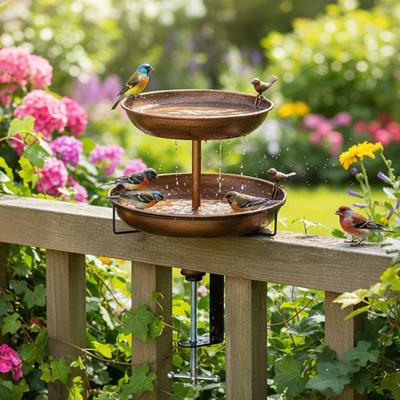 2-Tier Deck Mounted Birdbath Bowl Metal Bird Bath Detachable Bird Feeder for Outdoor Railing Balcony Fence Yard Garden Decor
